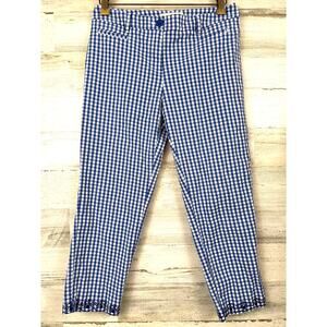 Talbots Womens 4 Petite Blue White Gingham Embroidered Hem Summer Crop Pants
